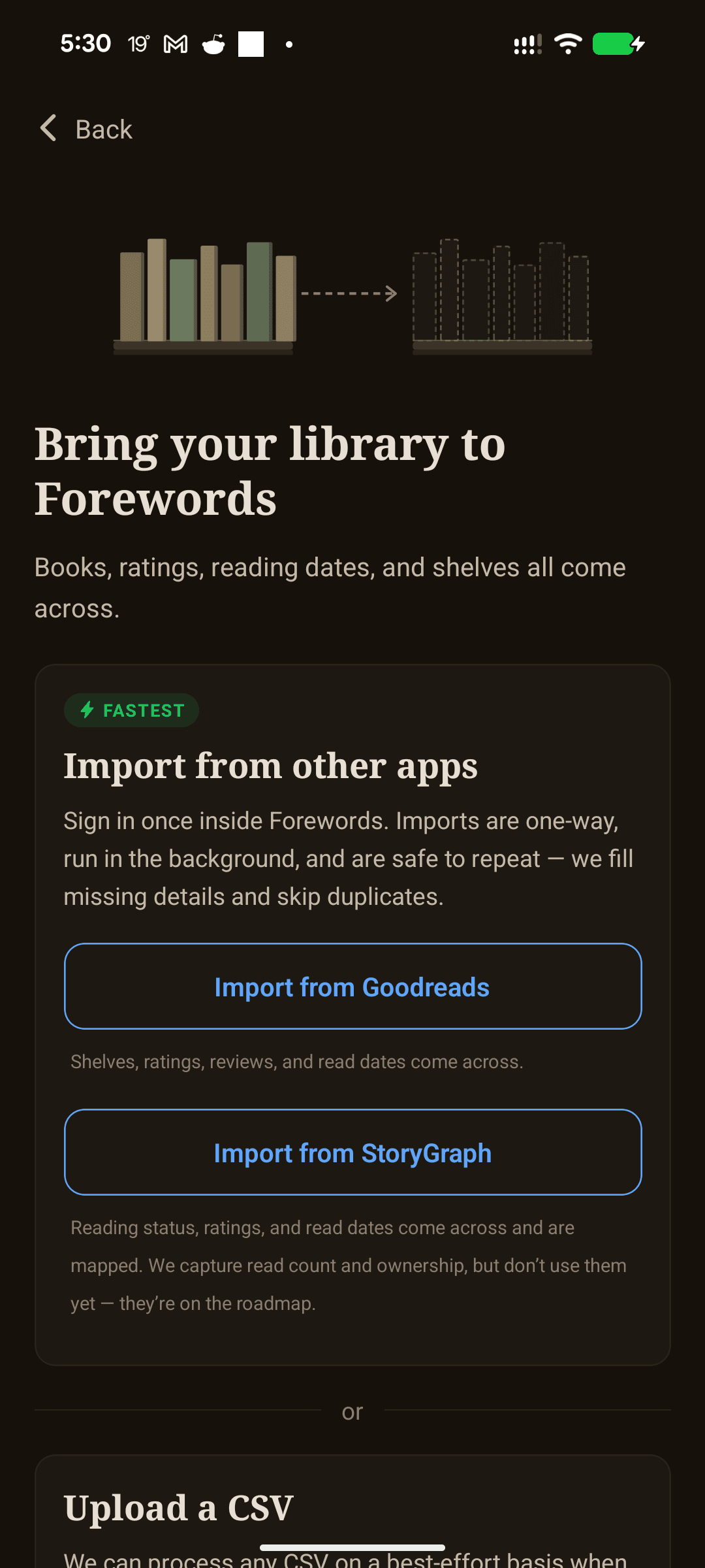 Forewords import-library screen offering direct imports from Goodreads and StoryGraph