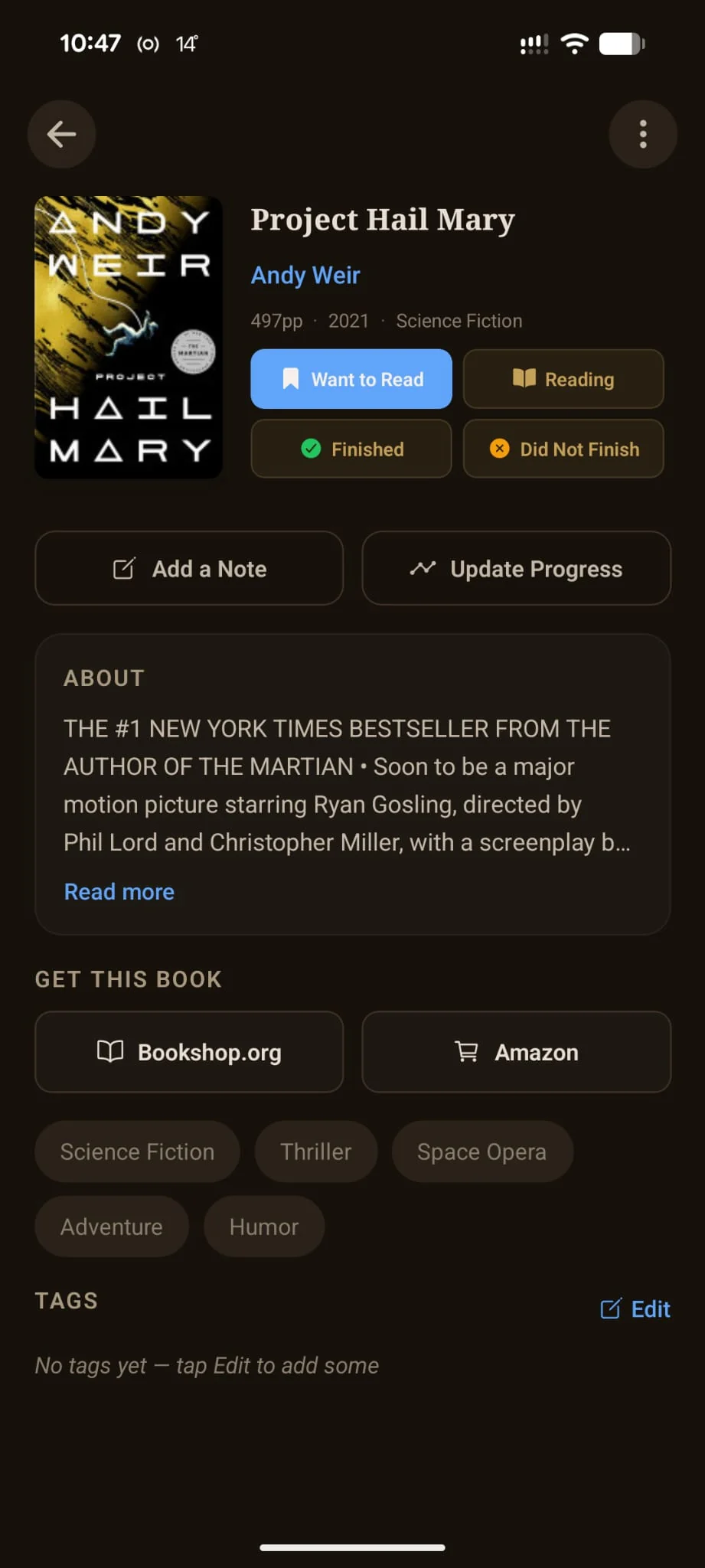 Forewords book detail page for Project Hail Mary by Andy Weir, showing the GET THIS BOOK section with side-by-side Bookshop.org and Amazon buttons of equal visual weight.