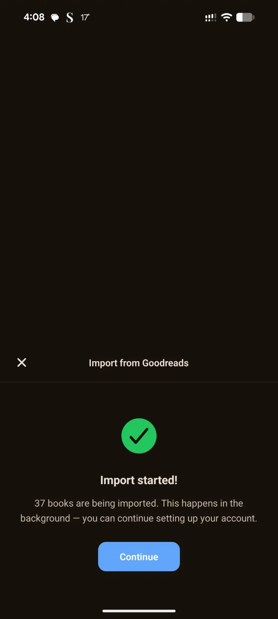 Forewords confirmation screen showing 37 books being imported in the background, with a Continue button