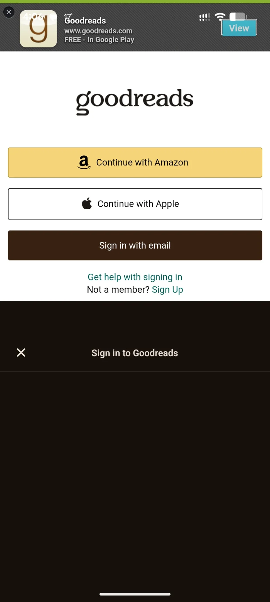 Goodreads sign-in form rendered inside Forewords's sandboxed WebView, with Continue with Amazon, Continue with Apple, and Sign in with email options