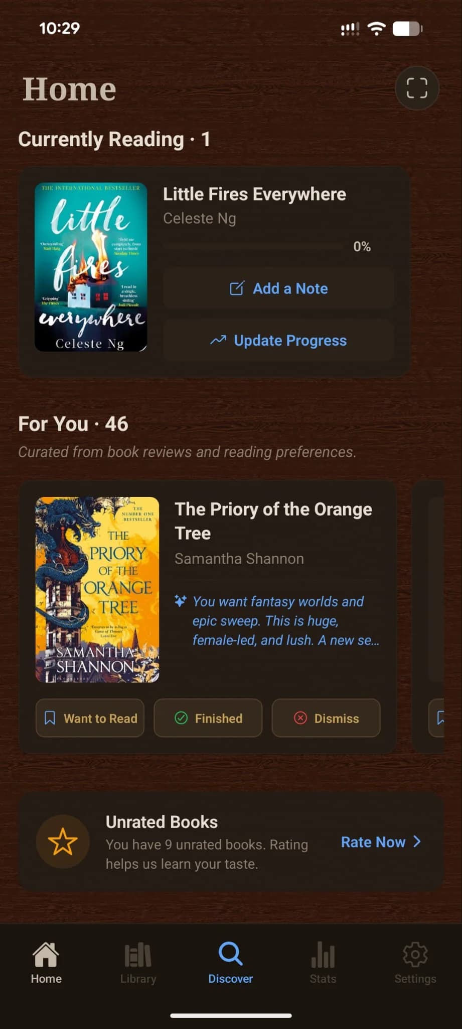Forewords home screen showing the For You recommendation feed with a recommended book — The Priory of the Orange Tree by Samantha Shannon — and a short AI-written reason explaining why it might land based on the reader's taste