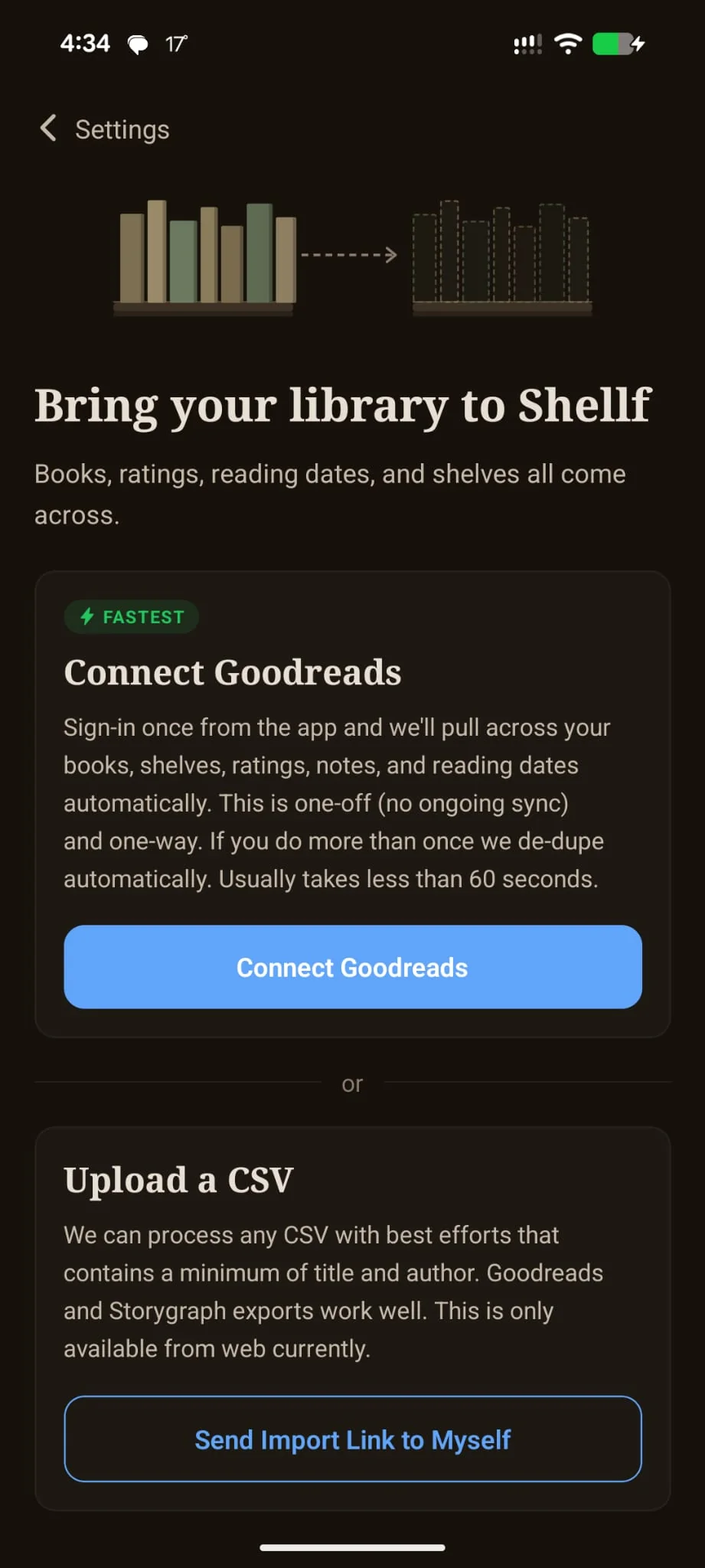 Forewords import library screen with two options: Connect Goodreads (one-tap, marked Fastest) and Upload a CSV