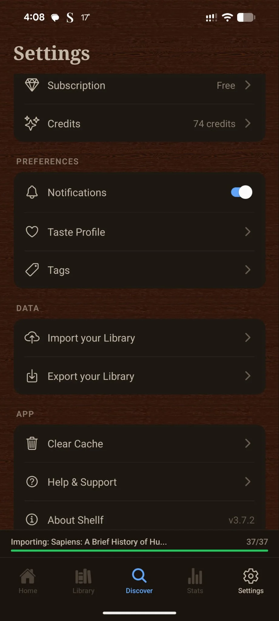 Forewords Settings screen with a progress bar at the bottom reading 'Importing: Sapiens: A Brief History of Hu... 37/37' while the user browses the app