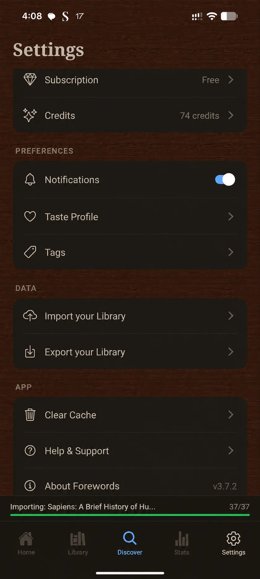 Forewords Settings screen with a progress bar at the bottom reading 'Importing: Sapiens: A Brief History of Hu... 37/37' while the user browses the app