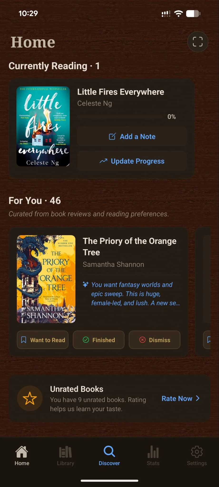 Forewords home screen showing the For You recommendation feed with a recommended book — The Priory of the Orange Tree by Samantha Shannon — and a short AI-written reason explaining why it might land based on the reader's taste