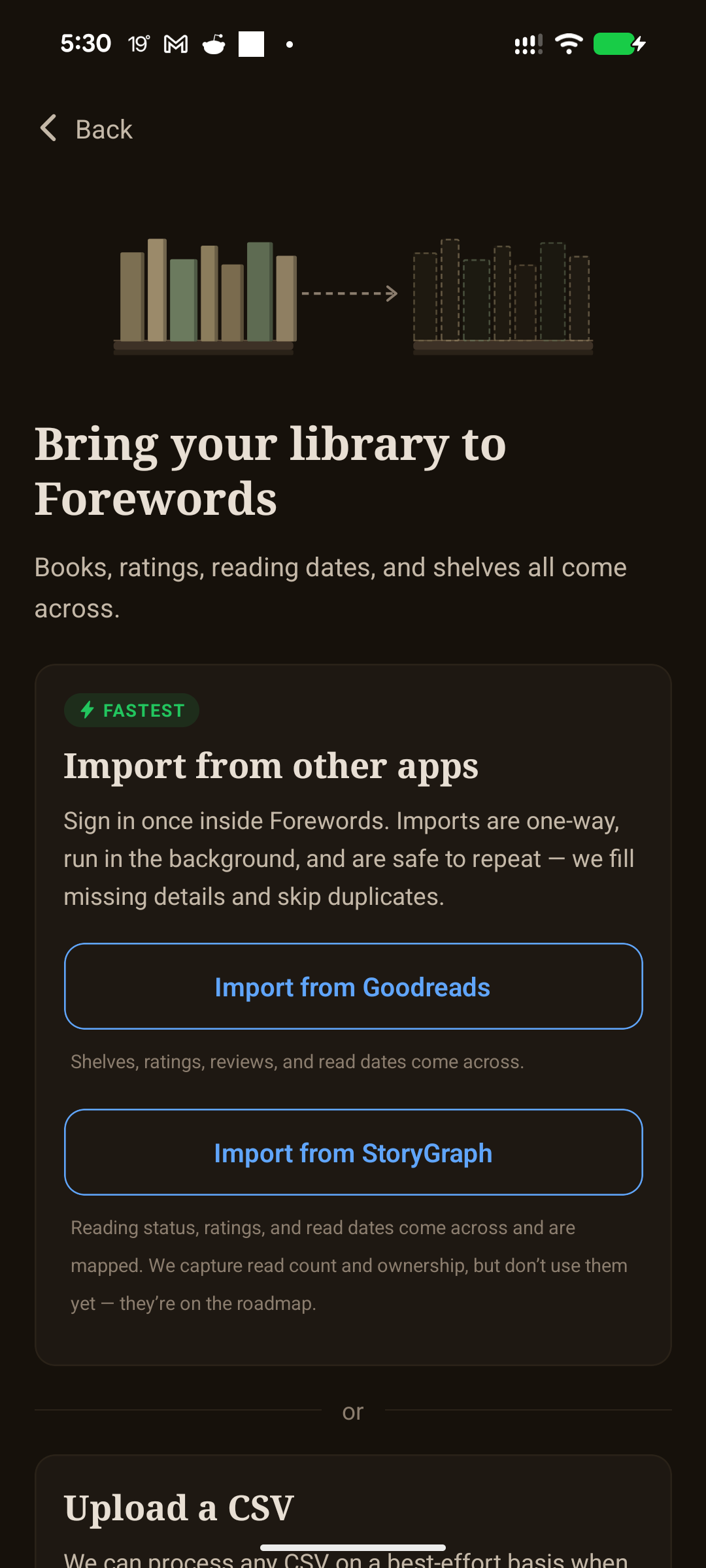 Forewords import-library screen offering direct imports from Goodreads and StoryGraph